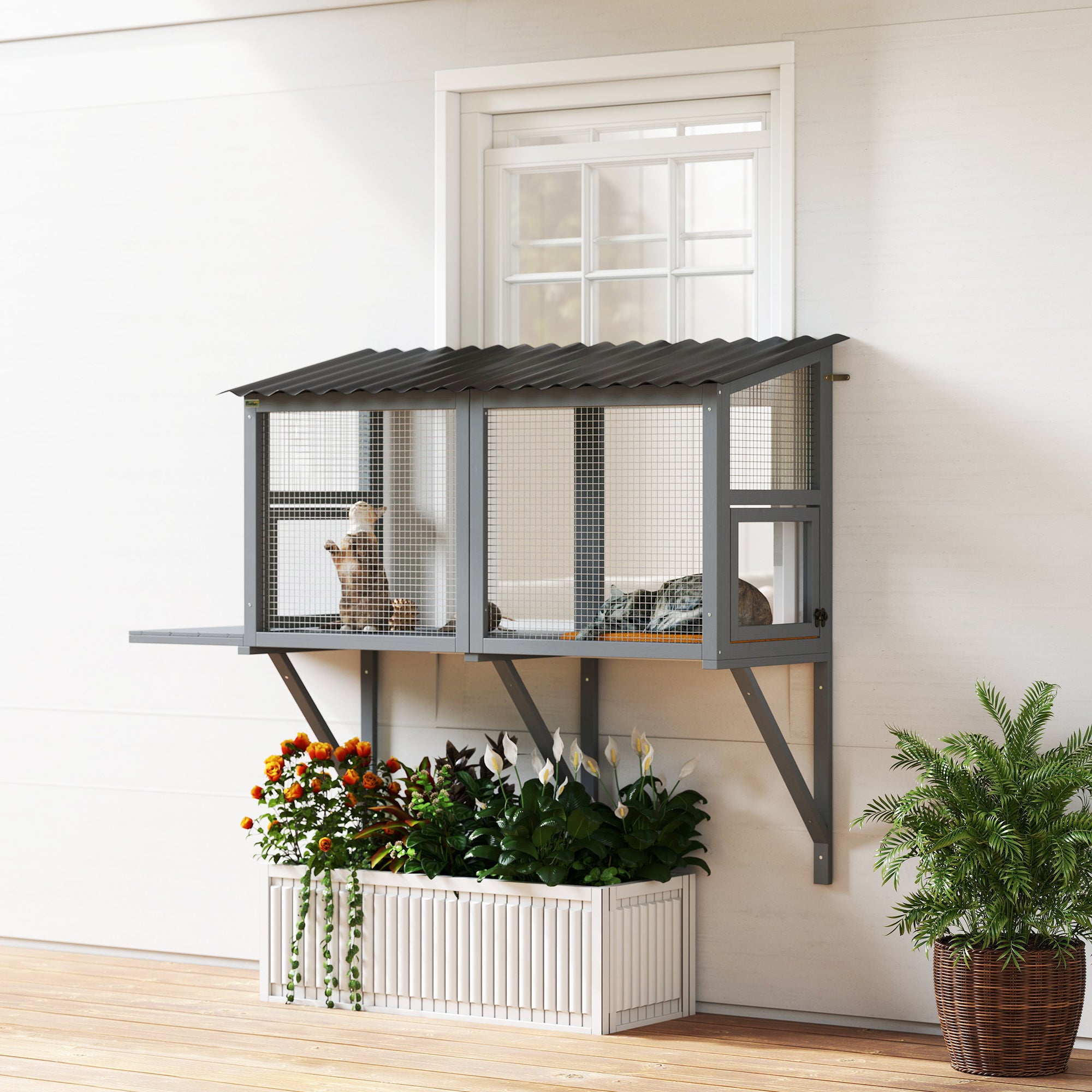 Wooden Cat Catio, Outdoor Cat Enclosure Window Perch With Jumping Platform, For Safely Enjoying Outdoor Sights, Gray