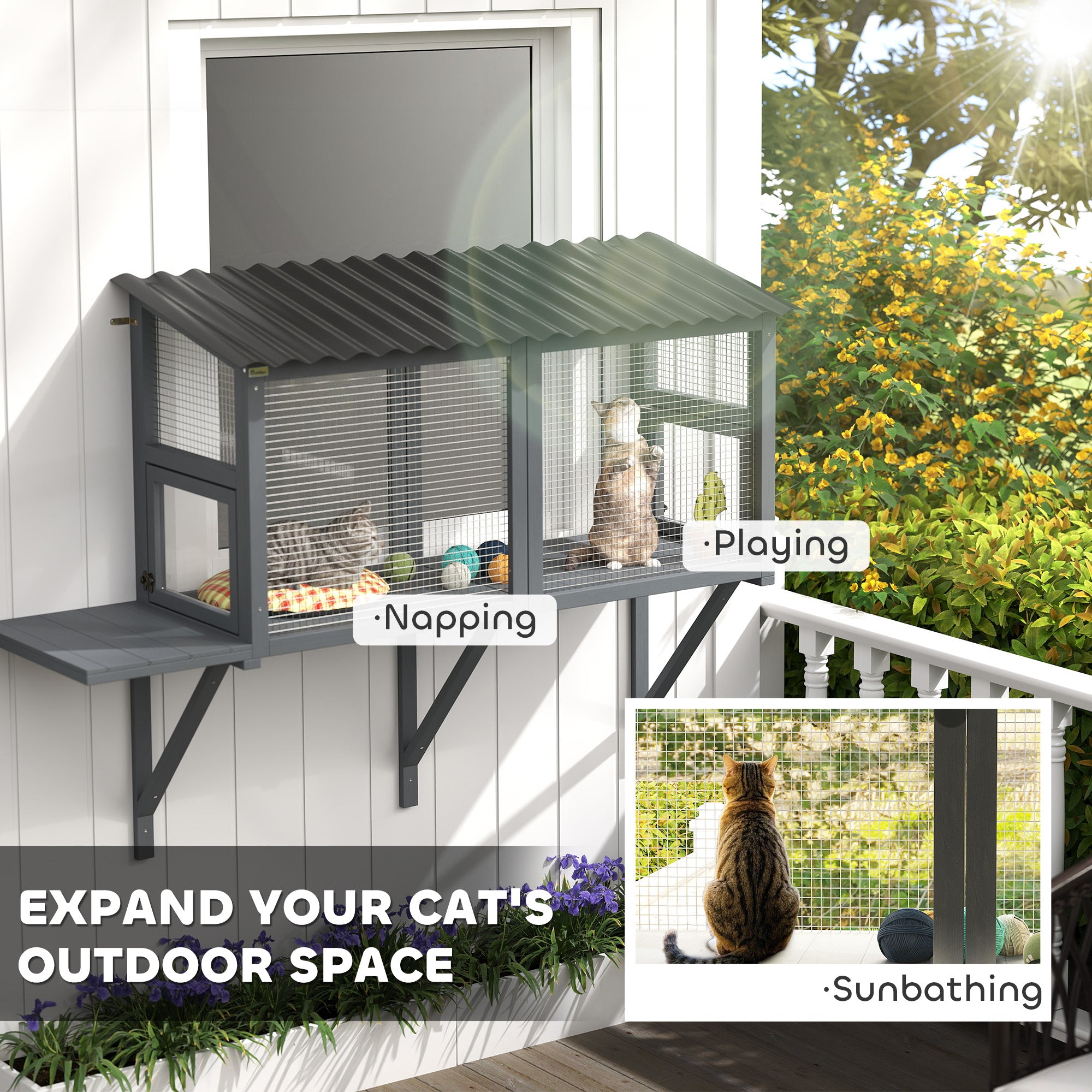 Wooden Cat Catio, Outdoor Cat Enclosure Window Perch With Jumping Platform, For Safely Enjoying Outdoor Sights, Gray